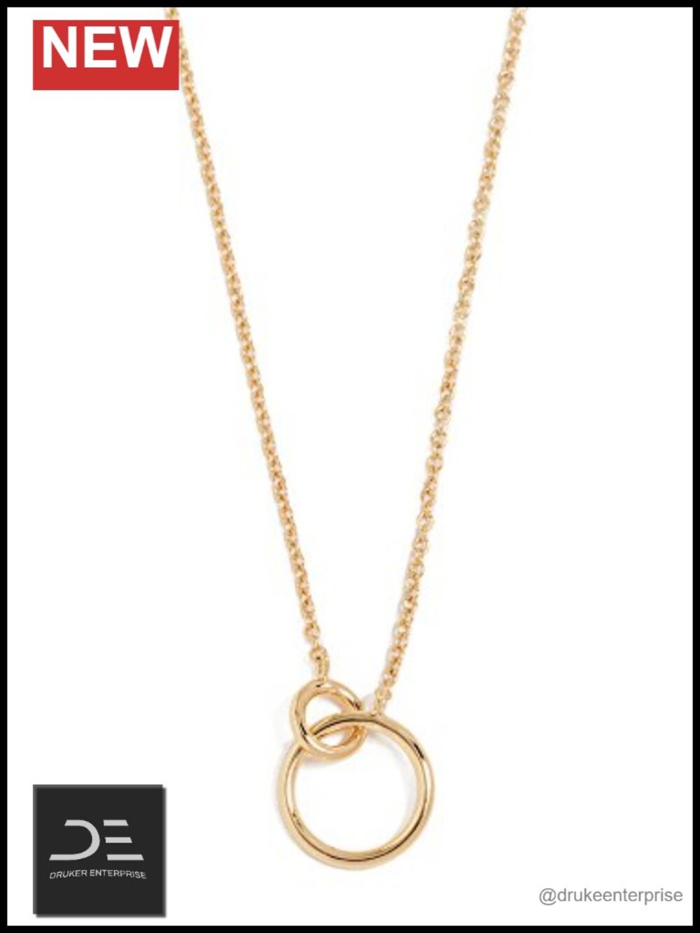 18k Gold Plated Interlocking Ring Charm Necklace 19in Cable Chain Women's